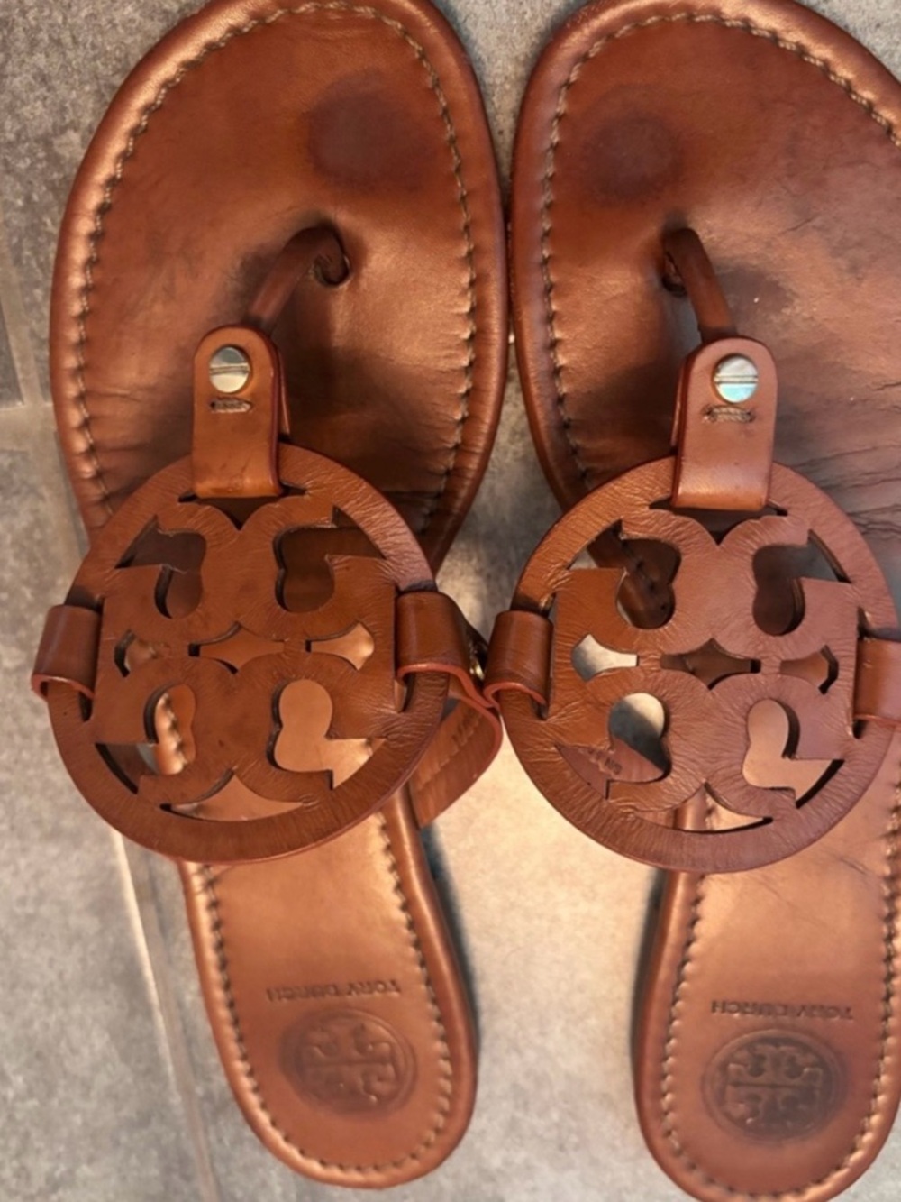 Tory Burch Tan Leather Logo Flip Flops